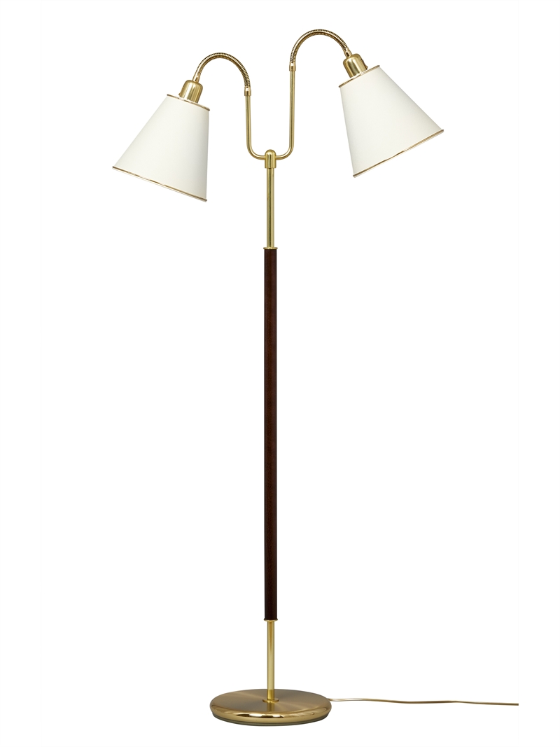 Gripsholm golvlampa i mässingsfärg och mahogny med två armar
